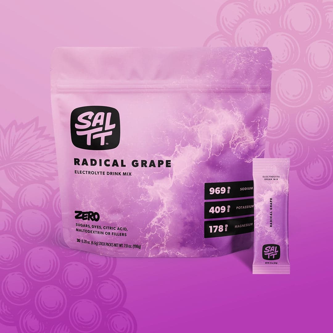 SALTT RADICAL GRAPE Electrolyte Drink Mix in purple pouch and stick pack with ocean splash pattern. Text notes ZERO sugars, dyes, fillers.