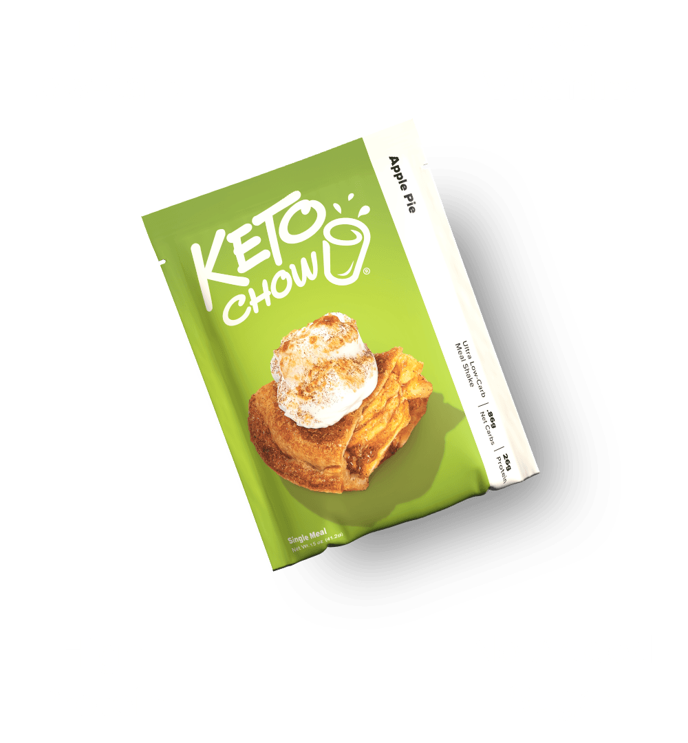 Lime green KETO CHOW Apple Pie meal packet. Displays apple pie with whipped cream image. Text: Ultra Low-Carb, .85g Net Carbs, 26g Protein.