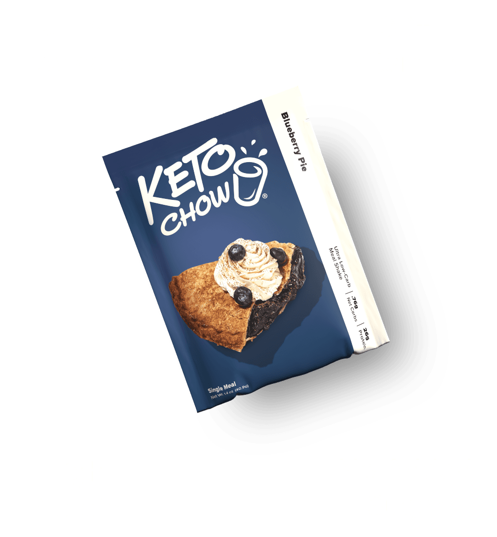 KETO CHOW Blueberry Pie meal shake pouch, navy blue, shows pie. Attributes: Ultra Low-carb, High Protein, No Added Sugar, 30+ Vitamins.