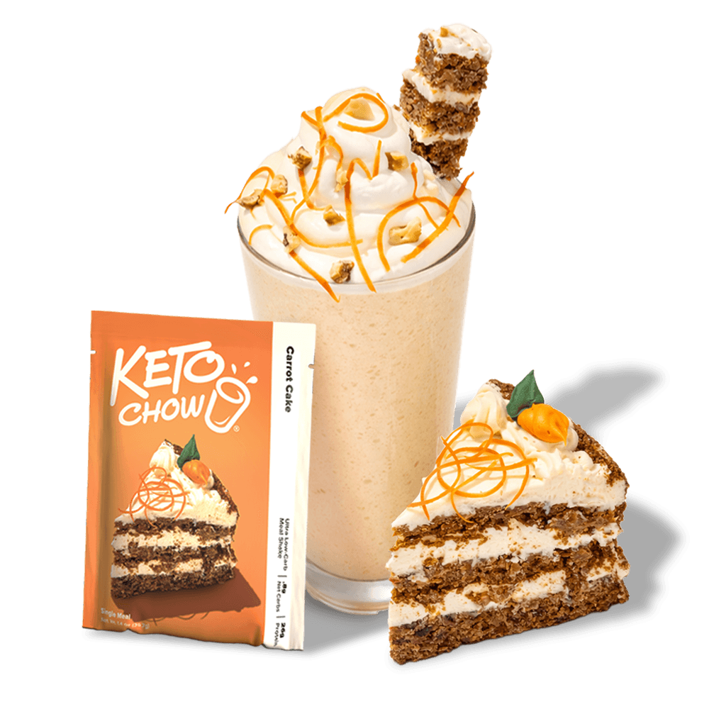 Orange KETO CHOW Carrot Cake Single Meal shake pouch, with a prepared shake and a slice of carrot cake. Shake topped with whipped cream and zest.