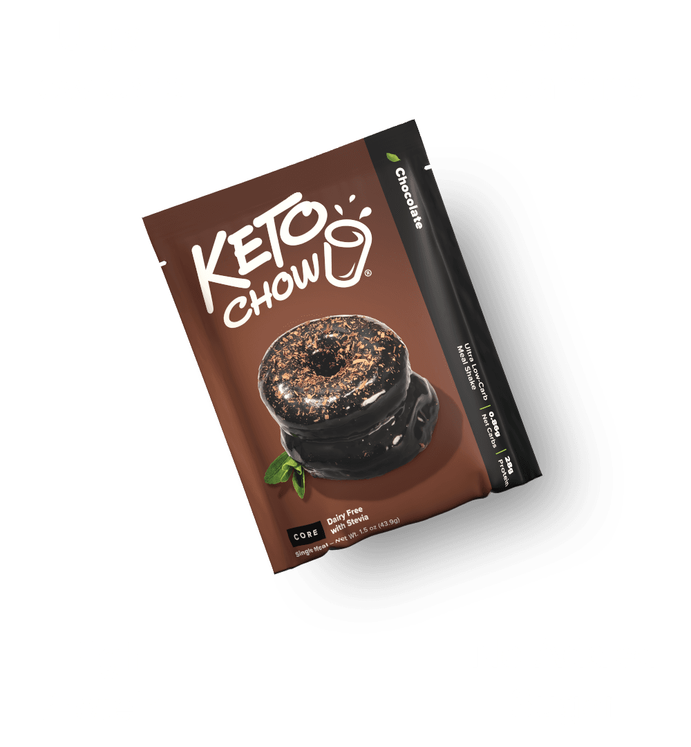 KETO CHOW Chocolate meal shake in a brown pouch showing chocolate donuts. Packaging details: Dairy Free, Stevia, 0.5g Net Carbs, 25g Protein. Image also states Ultra Low-carb, 30+ Vitamins, High Protein, No Added Sugar.