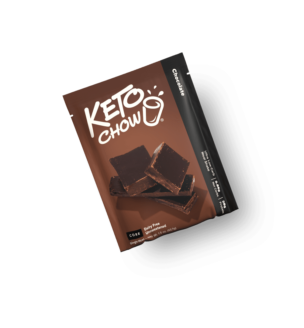 KETO CHOW Chocolate Meal Shake brown pouch. Ultra Low-carb, High Protein, No Added Sugar, 30+ Vitamins, Dairy Free, Unsweetened.