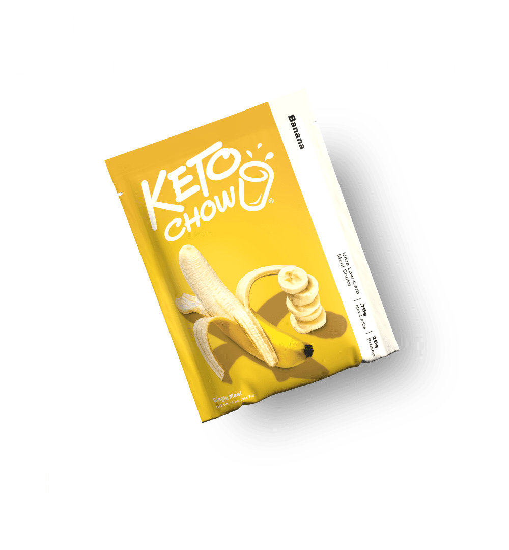 KETO CHOW Banana flavor single meal shake packet. Yellow pouch with KETO CHOW logo, peeled banana, and sliced banana graphic. Text states Ultra Low-Carb, .7g Net Carbs, 26g Protein.