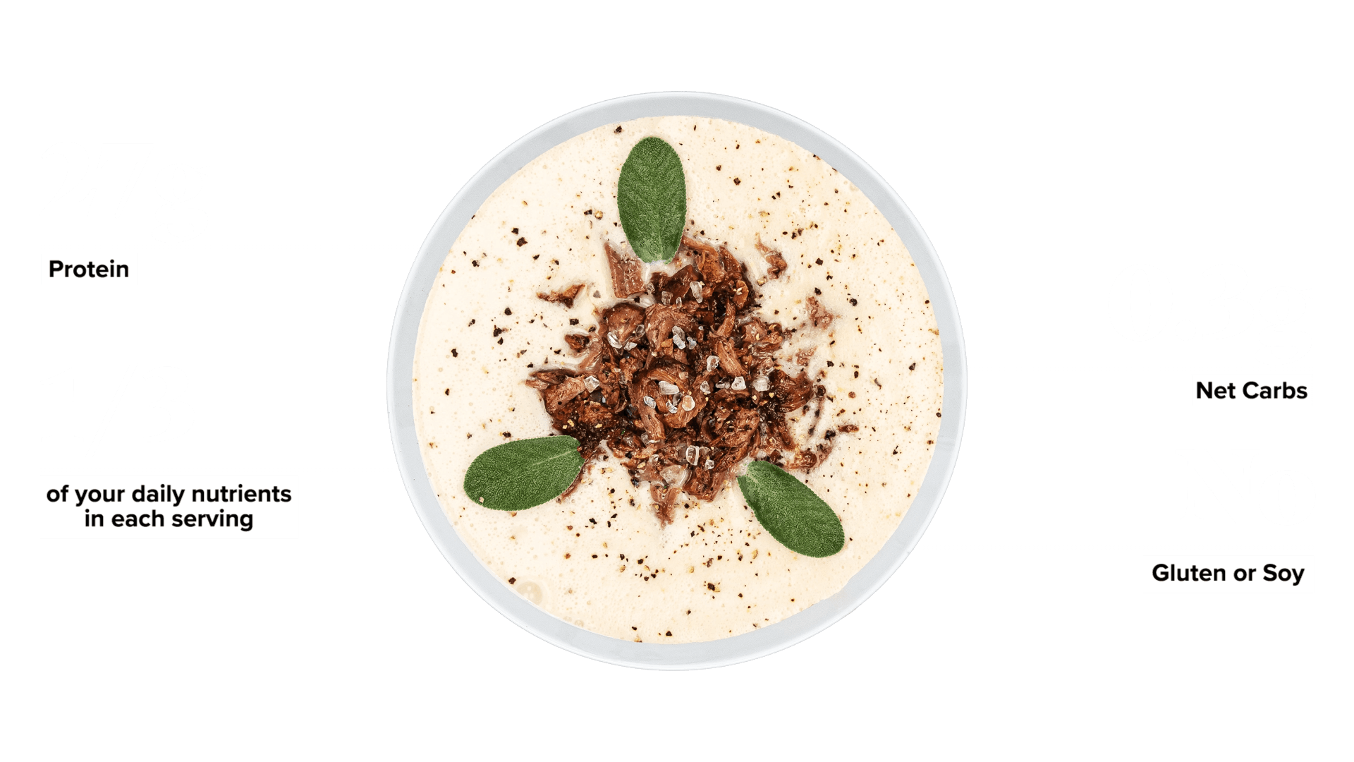 Keto Chow Hearty Beef Soup Base shake with macro information