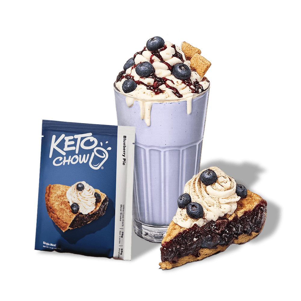 KETO CHOW Blueberry Pie Ultra Low-Carb Meal Shake. Blue foil packet, white stick pack, a glass with a blueberry shake, and a slice of blueberry pie.