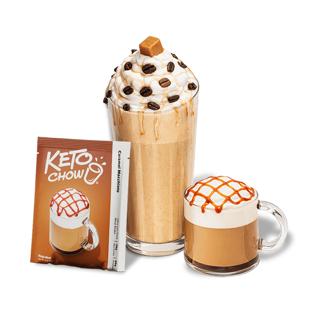 KETO CHOW Caramel Macchiato meal shake brown pouch and stick packet, with two prepared whipped cream drinks.