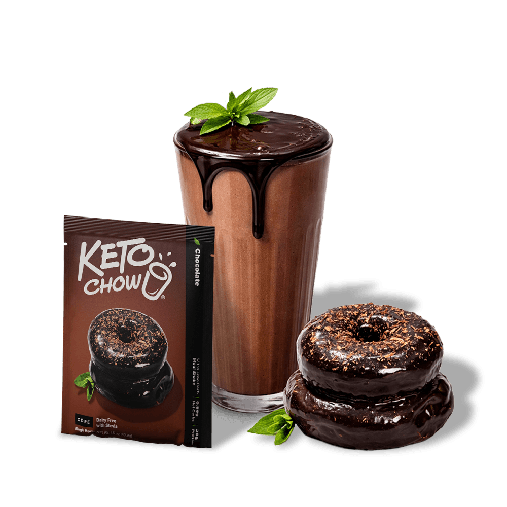 KETO CHOW Chocolate Meal Shake brown pouch (Dairy Free, Stevia), with a glass of chocolate shake and two chocolate donuts.