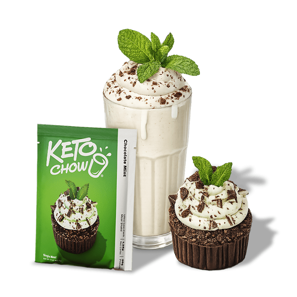 Green KETO CHOW Chocolate Mint meal shake mix pouch and white packet. Paired with a chocolate mint shake and cupcake topped with whipped cream and mint leaves.