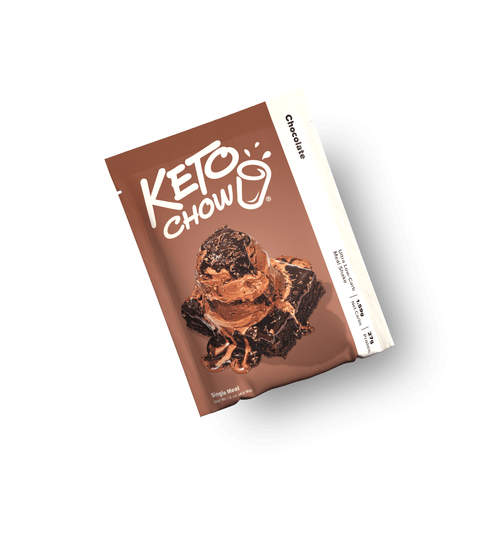 Brown KETO CHOW Chocolate Ultra Low-Carb Meal Shake packet. Chocolate dessert image. Single Meal, 1.59g Net Carbs, 27g Protein.