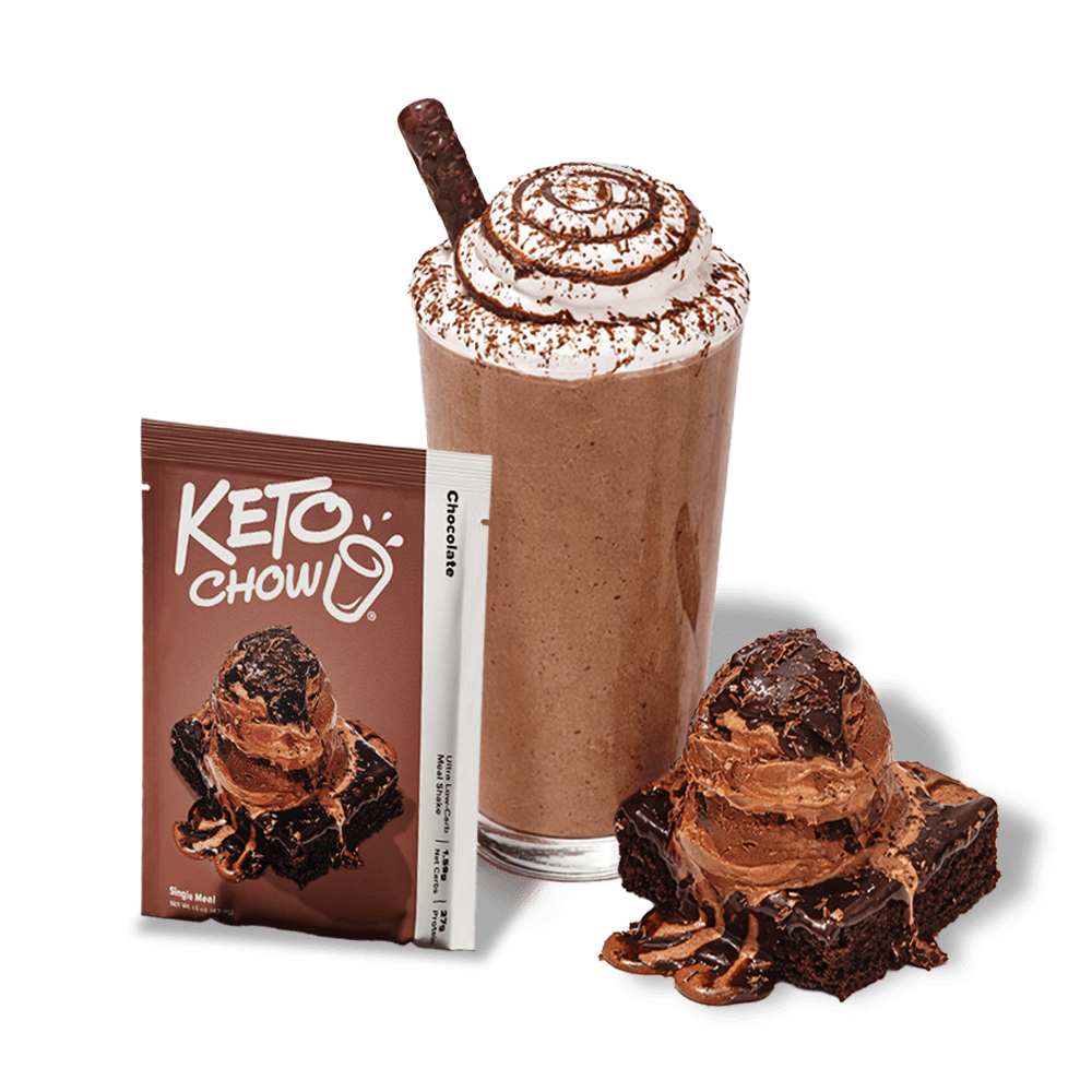 KETO CHOW brown chocolate meal shake pouch, white Chocolate stick pack, chocolate shake, and brownie with ice cream.