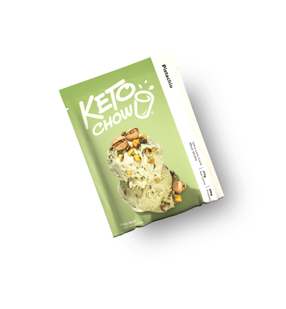 Keto Chow Pistachio meal shake in a light green pouch with ice cream image. KETO CHOW logo, .77g Net Carbs, 26g Protein.