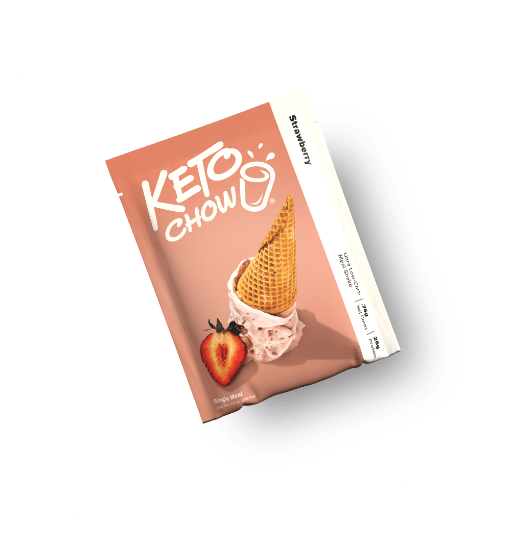 KETO CHOW Strawberry Ultra Low-carb Meal Shake pink pouch with KETO CHOW logo and strawberry ice cream cone graphic. Text specifies: 7g Net Carbs, 26g Protein, 30+ Vitamins, High Protein, No Added Sugar.
