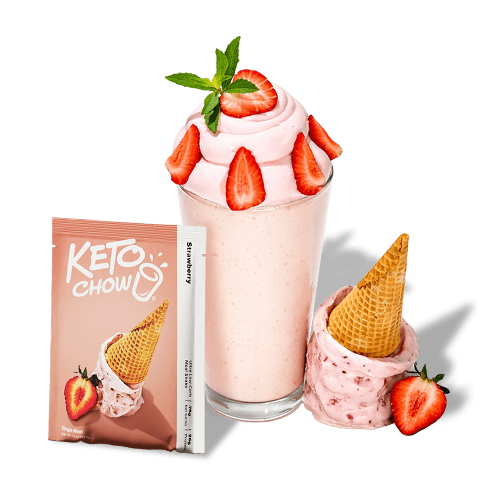 KETO CHOW Strawberry meal shake powder. Pink pouch shown with a strawberry shake and waffle cone. Text: KETO CHOW, Strawberry.