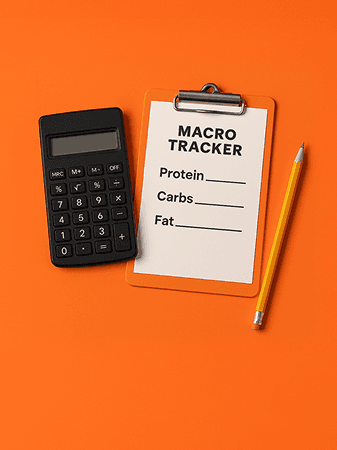 A clipboard with a Macro Tracker sheet is next to a calculator and a yellow pencil on an orange background. The sheet has fill-in-the-blank lines for Protein, Carbs, and Fat.