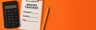 A clipboard with a Macro Tracker sheet is next to a calculator and a yellow pencil on an orange background. The sheet has fill-in-the-blank lines for Protein, Carbs, and Fat.