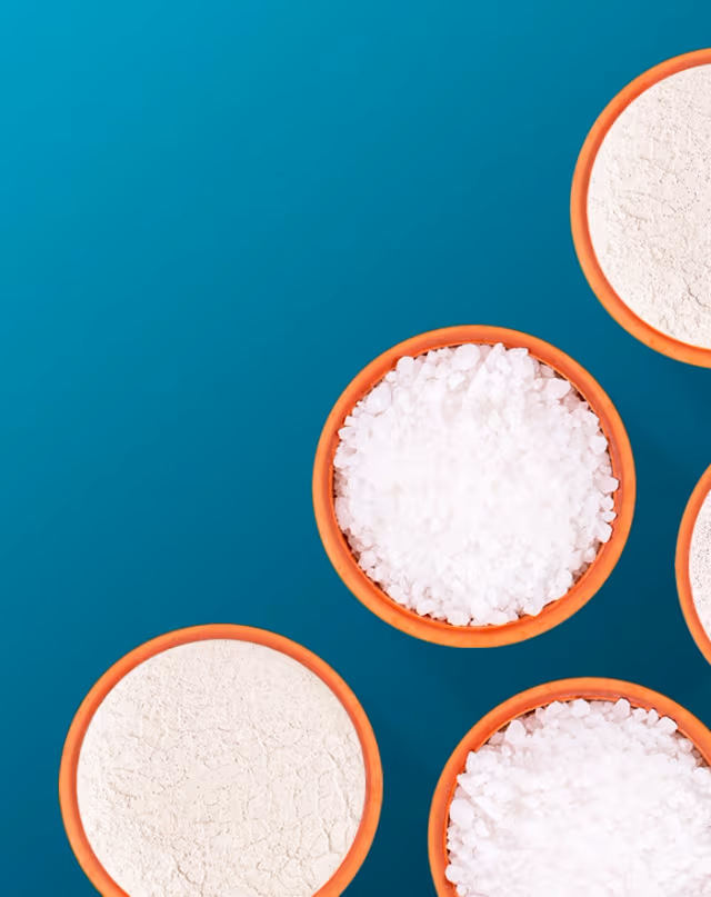 Overhead view of bowls of white granular material