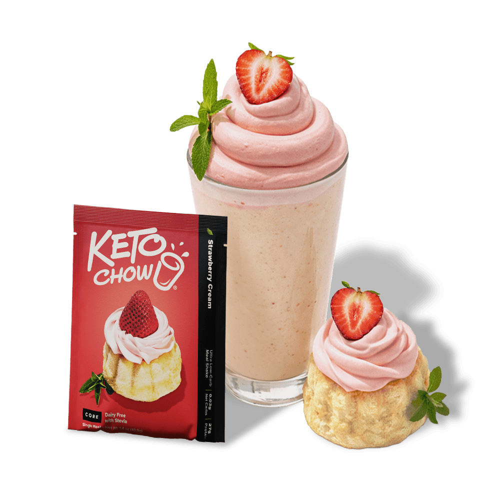 Keto Chow Strawberry Cream red meal shake packet. Next to it, a pink shake in a glass and a small dessert, both topped with strawberries and mint.