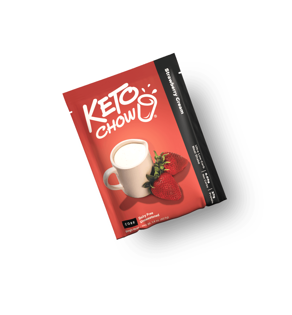 KETO CHOW Strawberry Cream meal shake, red single-serve pouch. Features a white mug, strawberries. Text: Dairy Free, Unsweetened, 0.03g Net Carbs, 27g Protein.