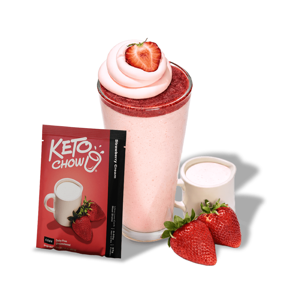 KETO CHOW Strawberry Cream single meal shake packet in red, shown with a pink shake, whipped cream, and fresh strawberries.
