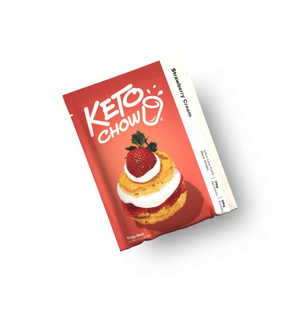KETO CHOW Strawberry Cream meal shake pouch, red-orange with strawberry shortcake graphic. Visible text: Ultra Low-Carb, 26g Protein.