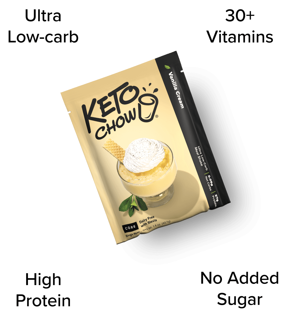 KETO CHOW Vanilla Cream single meal shake pouch. Beige and black packaging features a dessert image. Text: CORE, Dairy Free with Stevia, Ultra Low-Carb, 27g Protein, 1.4 oz (40.7g).