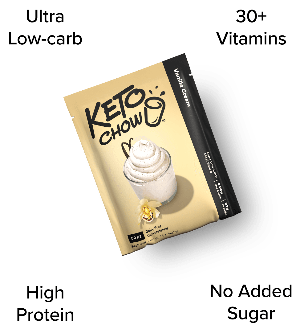 KETO CHOW Vanilla Cream single-meal shake pouch. Cream and black packaging states Dairy Free, Unsweetened, Ultra Low-Carb, 27g Protein.