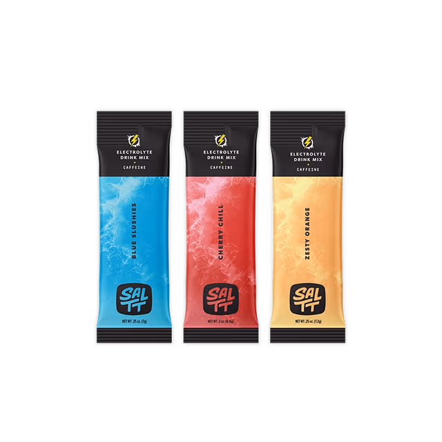 Three SALTT Electrolyte Drink Mix + Caffeine packs: Blue Slushies, Cherry Chill, Zesty Orange. Black packaging with ocean water splash.