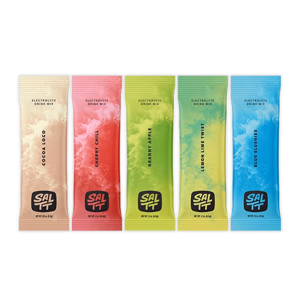 SALTT Electrolyte Drink Mix, five stick packs with ocean splash design: Cocoa Loco, Cherry Chill, Granny Apple, Lemon Lime Twist, Blue Slushies.