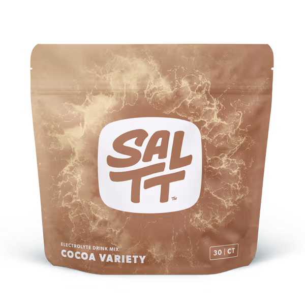 SALTT Electrolyte Drink Mix, five stick packs with ocean splash design: Cocoa Loco, Cherry Chill, Granny Apple, Lemon Lime Twist, Blue Slushies.