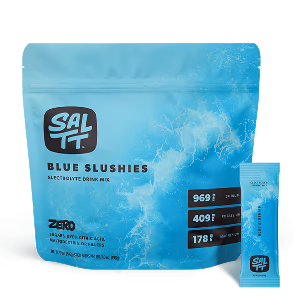 SALTT Electrolyte Drink Mix, five stick packs with ocean splash design: Cocoa Loco, Cherry Chill, Granny Apple, Lemon Lime Twist, Blue Slushies.