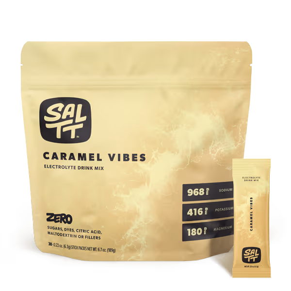 SALTT Electrolyte Drink Mix, five stick packs with ocean splash design: Cocoa Loco, Cherry Chill, Granny Apple, Lemon Lime Twist, Blue Slushies.