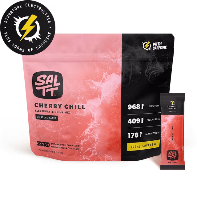 Three SALTT Electrolyte Drink Mix + Caffeine packs: Blue Slushies, Cherry Chill, Zesty Orange. Black packaging with ocean water splash.