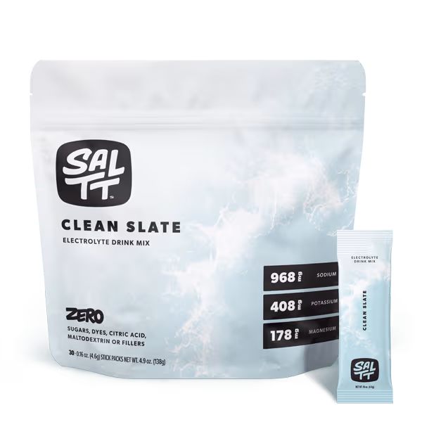SALTT Electrolyte Drink Mix, five stick packs with ocean splash design: Cocoa Loco, Cherry Chill, Granny Apple, Lemon Lime Twist, Blue Slushies.