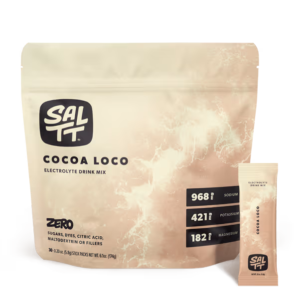SALTT Electrolyte Drink Mix, five stick packs with ocean splash design: Cocoa Loco, Cherry Chill, Granny Apple, Lemon Lime Twist, Blue Slushies.