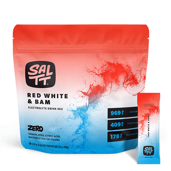 SALTT Electrolyte Drink Mix, five stick packs with ocean splash design: Cocoa Loco, Cherry Chill, Granny Apple, Lemon Lime Twist, Blue Slushies.