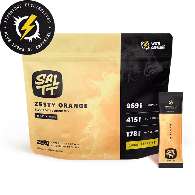 Three SALTT Electrolyte Drink Mix + Caffeine packs: Blue Slushies, Cherry Chill, Zesty Orange. Black packaging with ocean water splash.