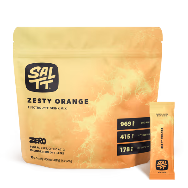 SALTT Electrolyte Drink Mix, five stick packs with ocean splash design: Cocoa Loco, Cherry Chill, Granny Apple, Lemon Lime Twist, Blue Slushies.