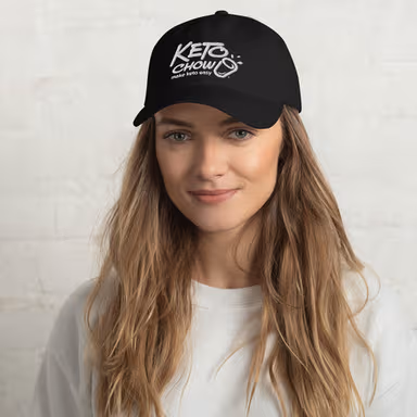 Black baseball cap featuring white Keto Chow logo, a stylized cup graphic, and make keto easy text.